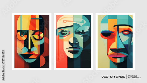 Set of abstract face wall decoration vector template in retro and vintage style