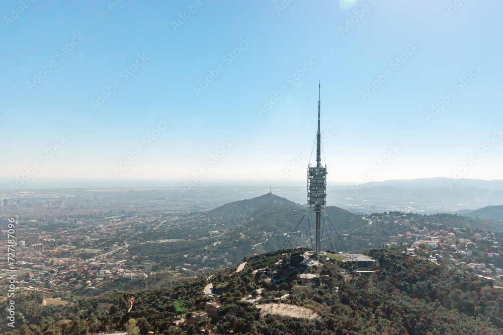 View from Tibidabo on landscape with tv tower in Barcelona, Spain.