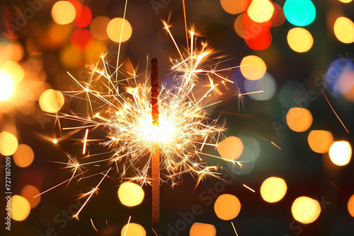 New Year's sparkler at night against a bokeh background. New Year and Christmas concept. Sylvester, New Year's party 2025. New Year. Fireworks. Holiday card with fireworks - sparklers and bokeh
