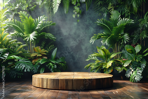 Background  tropical forest podium  3d product render stand. podium stage minimal abstract background beauty dreamy space studio pedestal 