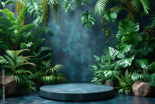 Background tropical forest podium, 3d product render stand. podium stage minimal abstract background beauty dreamy space studio pedestal 