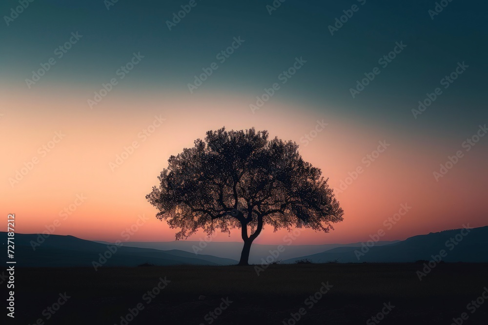 a lone tree stands as a testament to resilience, casting a captivating silhouette against the canvas of the fading day