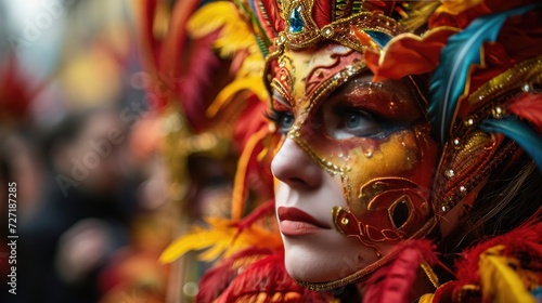 A woman wearing a stunning headdress marches proudly in a vibrant parade., Carnival © Rehan