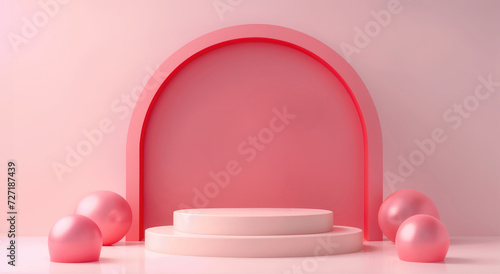 3d Minimalist composition featuring a pastel pink podium and abstract pink spheres on a soft, monochrome background for product display.