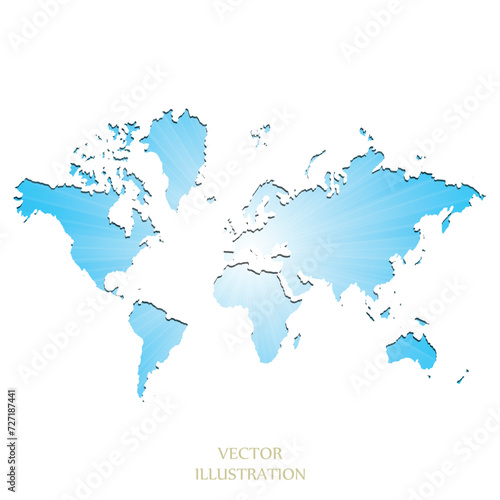 World map. Political map of the world on a bright, colorful background. Globe. Sun rays. Bright yellow, blue, red, orange, green color