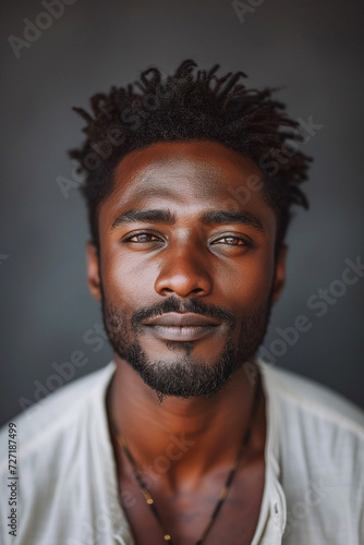 A confident and handsome African American man with a friendly smile, captured in a close-up portrait in a studio setting