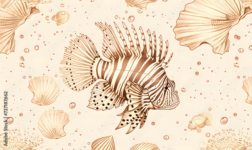A pattern drawing with a lionfish. Simple drawing with a maritime motif ...
