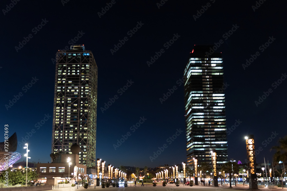 View of modern building in the night in Barcelona city  in Spain.