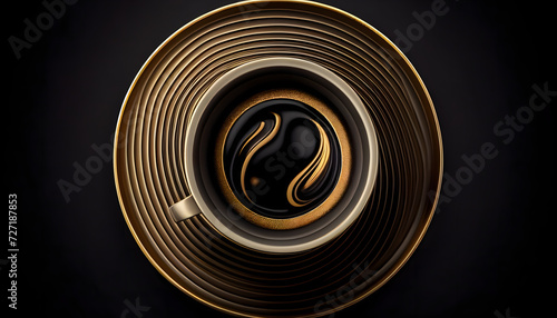 Top view 3d render of a gold coffee on a black background. Generative AI.