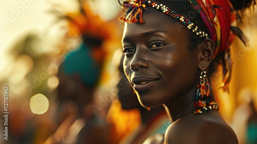Smiling Woman in Headdress Looks at the Camera With Joy, Carnival
