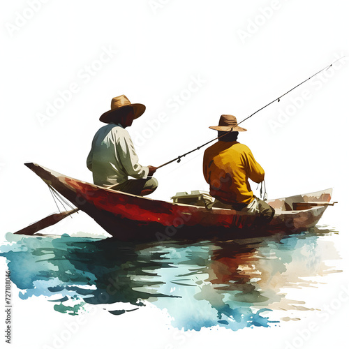 Indigenous fishermen in chile practicing responsible fishing isolated on white background, hand drawn, png 