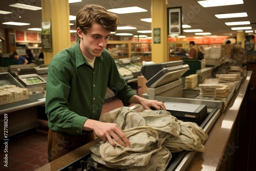 Eco-conscious cashier efficiently filling recyclable bag during grocery store checkout photo