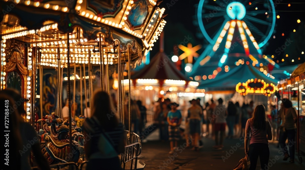 Nighttime Merry Go Round With Illuminated Lights in Motion, Carnival