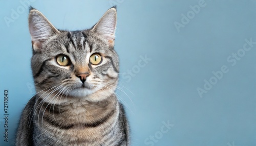 cute gray tabby cat on light blue background space for text lovely pet © Kari