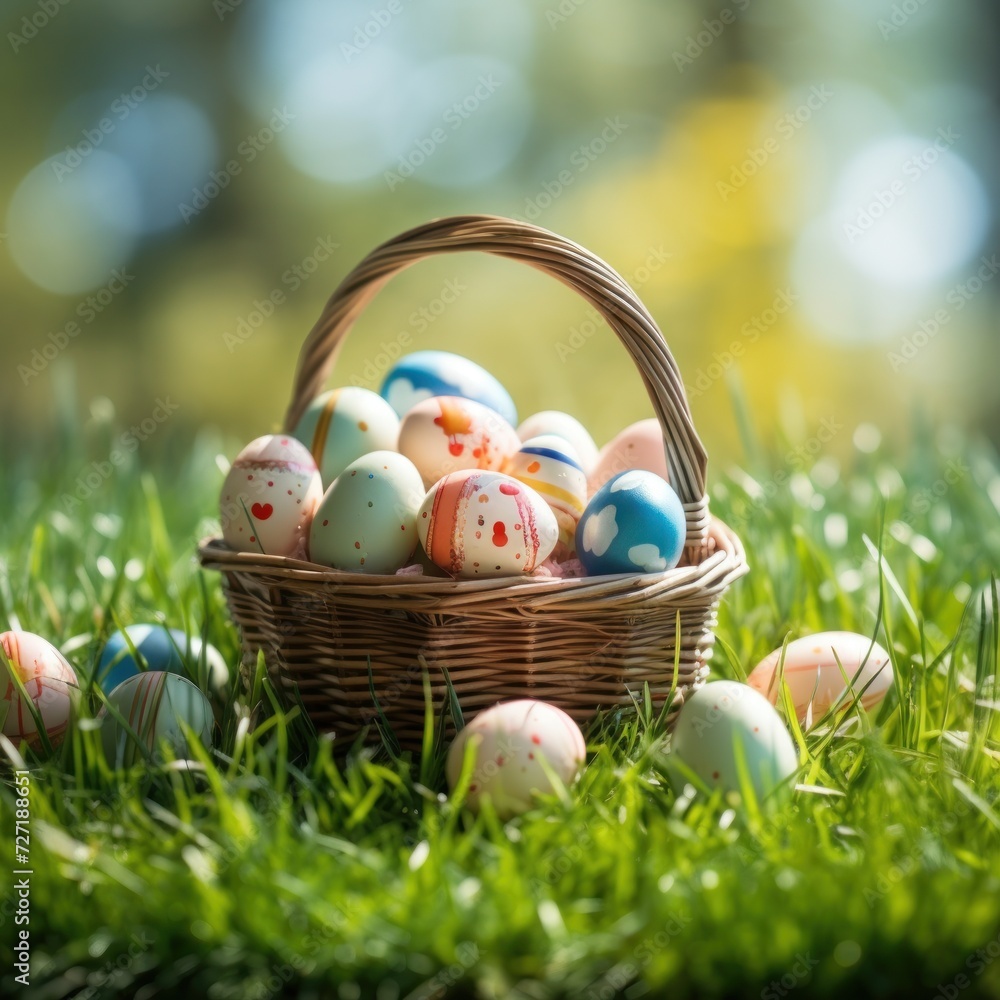 Easter wicker basket, colorful painted eggs in green grass, sunny day, egg hunt, banner background