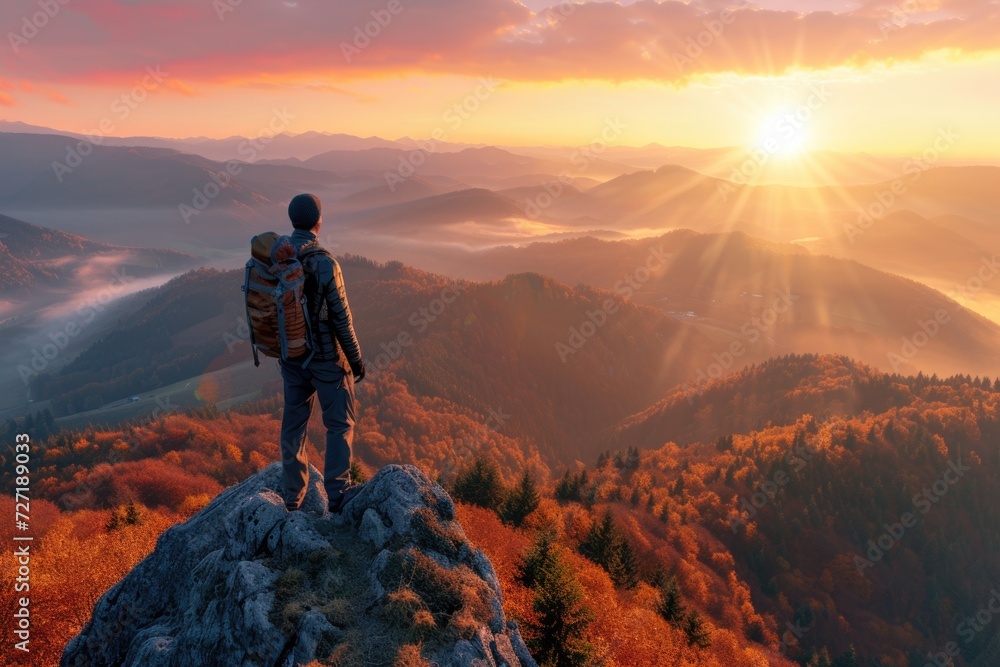 Sporty man admiring autumn sunset on mountain peak. - obrazy, fototapety, plakaty 
