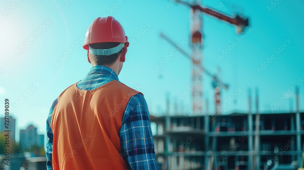 engineer watching construction site, blue background, blueness, beautiful day light. engineer watching construction site, blue background, blueness, beautiful day light.