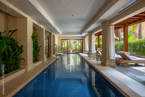 Luxurious tropical resort swimming pool in modern light villa, swimming pool in backyard, summer vacation, tourism. Luxury villa © Truprint