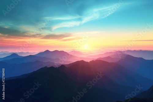 Picturesque panoramic view of mountain range under colorful blue and orange sundown in evening time