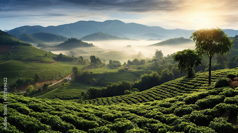 Viewpoint on the top of cameron highland, tea valley and sunrise - obrazy, fototapety, plakaty 
