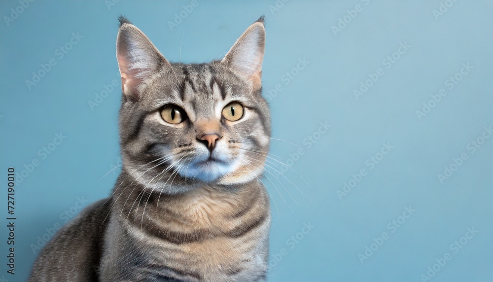 cute gray tabby cat on light blue background space for text lovely pet