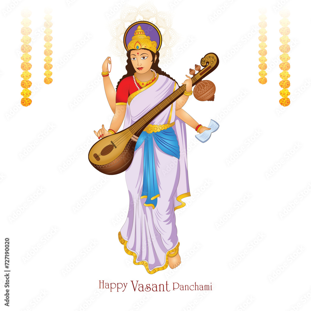 Obraz premium Beautiful indian festival vasant panchami on indian god saraswati maa religious background