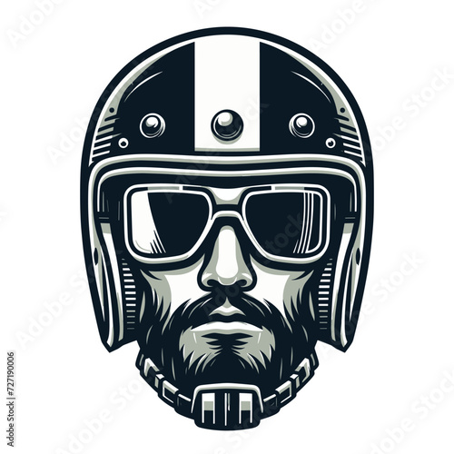 Vintage label man in a helmet design vector illustration for t-shirt print, poster, emblem. Motorcycle biker logo badge template isolated on white background