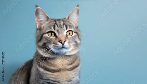 cute gray tabby cat on light blue background space for text lovely pet © Kari