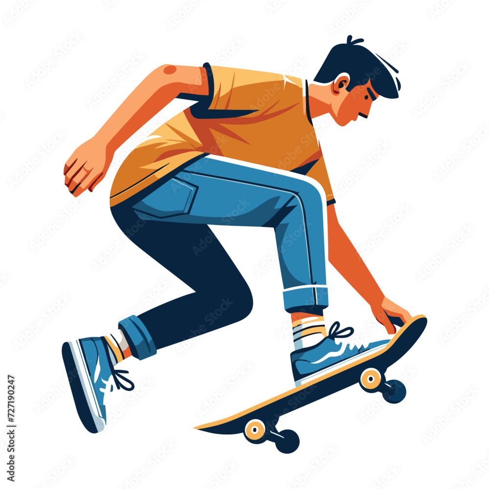 Man playing skateboard vector illustration, skateboarding sport game male player in action flat design style template isolated on white background Man playing skateboard vector illustration, skateboarding sport game male player in action flat design style template isolated on white background