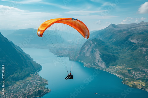 Parachuting over lush green landscape. Paratroopers or parachutist free-falling and descending with parachutes.