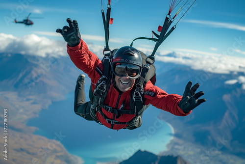 Parachuting over lush green landscape. Paratroopers or parachutist free-falling and descending with parachutes.