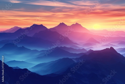 Mountain range with visible silhouettes through the morning colorful fog. © darshika