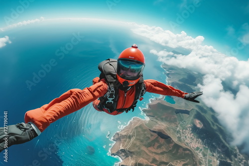 Parachuting selfie over lush green landscape. Paratroopers or parachutist free-falling and descending with parachutes.