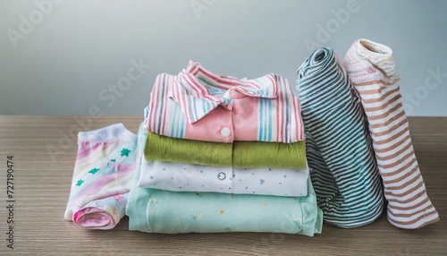 marie kondo tyding up method concept folded kids clothes in pastel colors copy space photo