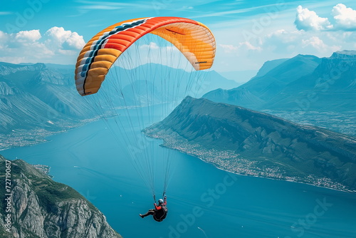 Parachuting over lush green landscape. Paratroopers or parachutist free-falling and descending with parachutes.