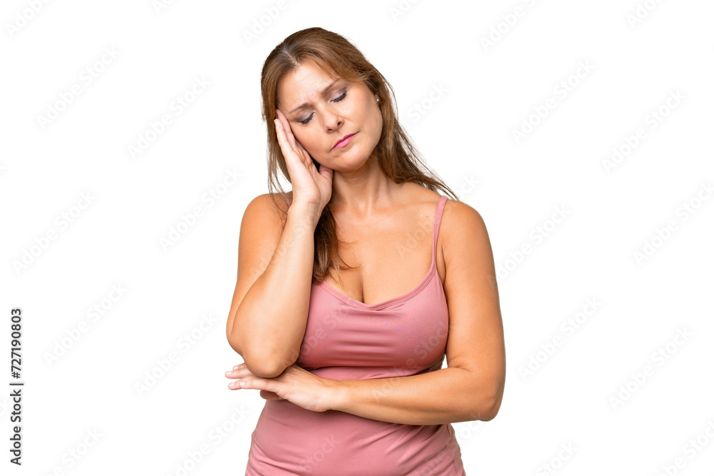 Middle-aged caucasian woman over isolated background with headache Middle-aged caucasian woman over isolated background with headache