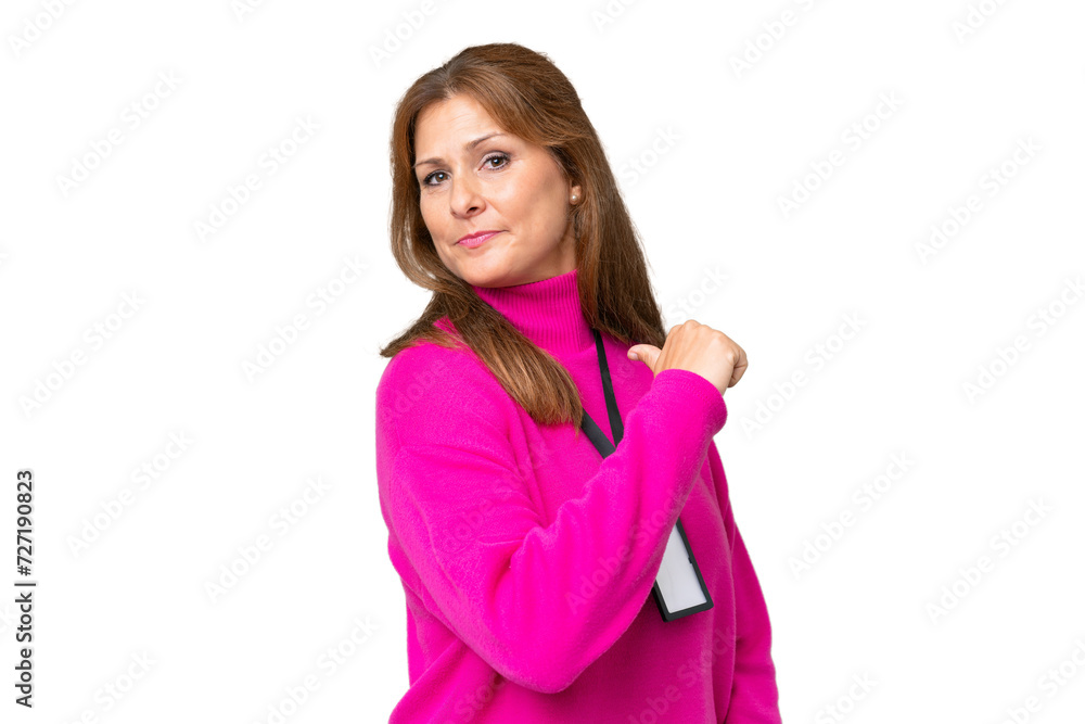 Middle-aged caucasian woman with ID card over isolated background proud and self-satisfied Middle-aged caucasian woman with ID card over isolated background proud and self-satisfied
