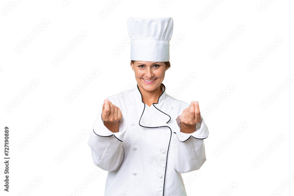 Middle-aged chef woman over isolated background making money gesture Middle-aged chef woman over isolated background making money gesture
