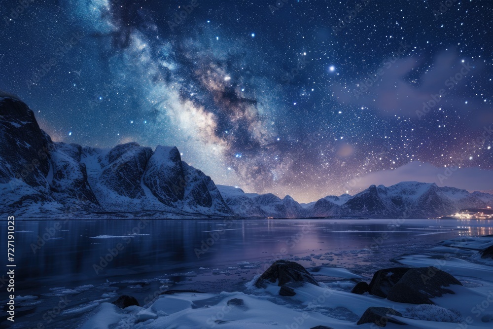 Milky Way over frozen sea and snowy mountains in Lofoten Islands Norway. Milky Way over frozen sea and snowy mountains in Lofoten Islands Norway.