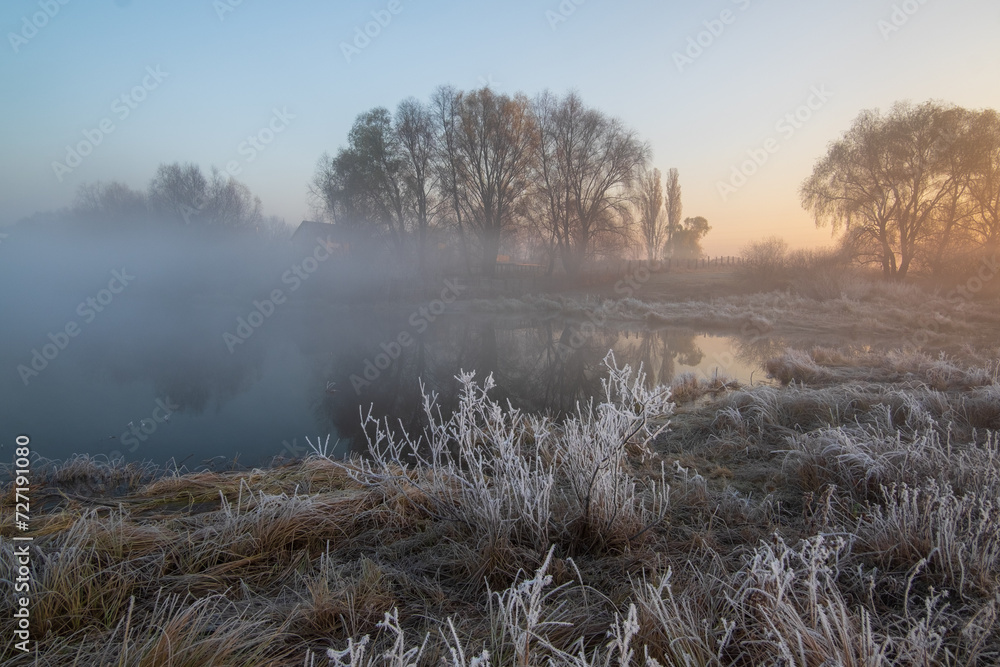 misty morning in the ukraine village misty morning in the ukraine village