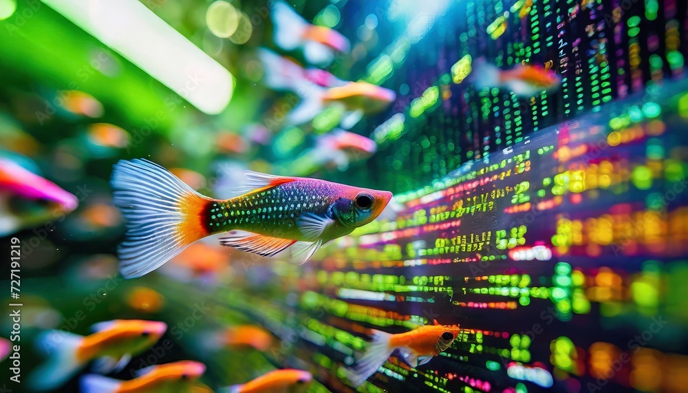 blurred fish tail guppy pet fish digital binary data on computer screen ...