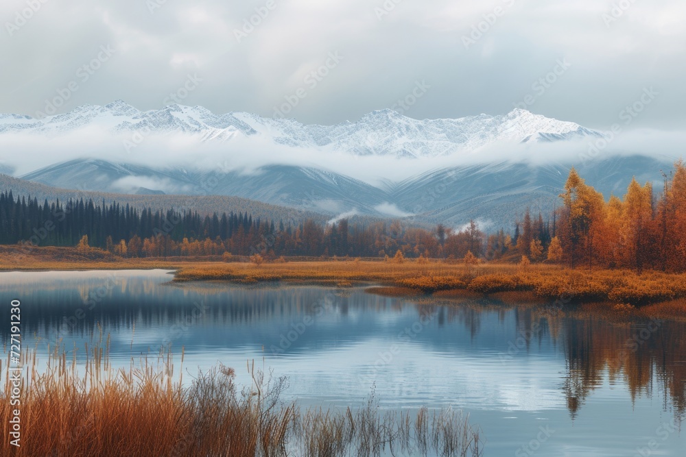 Autumn day in Lake Cicely Altai  Siberia  Taiga  mountains  and beautiful sky.