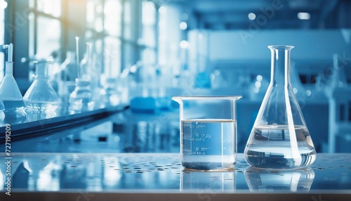 water in beaker and flask glass in chemistry blue science laboratory background photo