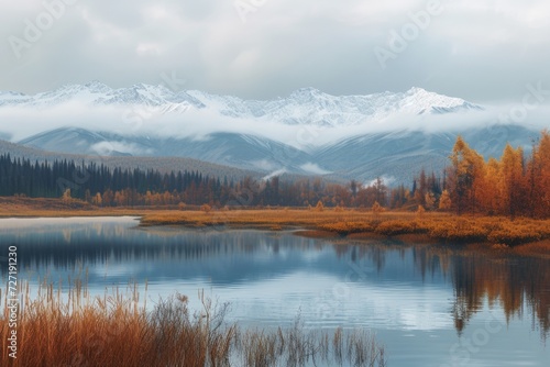 Autumn day in Lake Cicely Altai Siberia Taiga mountains and beautiful sky.