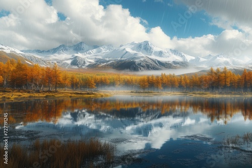 Autumn day in Lake Cicely Altai  Siberia  Taiga  mountains  and beautiful sky. © darshika