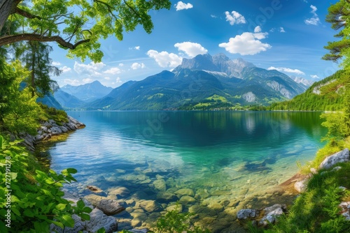 Stunning Austrian Alps lake with panoramic mountain views.