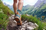 Female legs running on mountain trail with backpack.