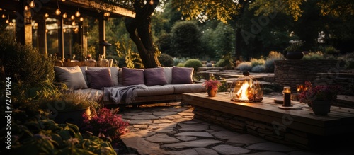 Beautiful Garden Scene at Dusk with Firepit