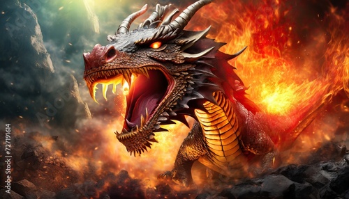 mad dragon destroying the world angry reptile with a growl giving a death stare chinese dragon causes chaos and devastation on a flame background fictional scary character with a grin © Kari