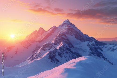 Sunrise over snow capped mountains